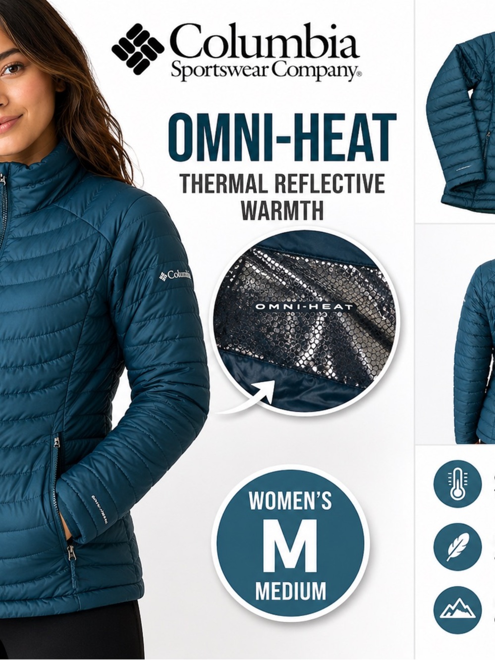 Columbia Omni-Heat Women’s Medium Teal Puffer Jacket Lightweight Zip Coat